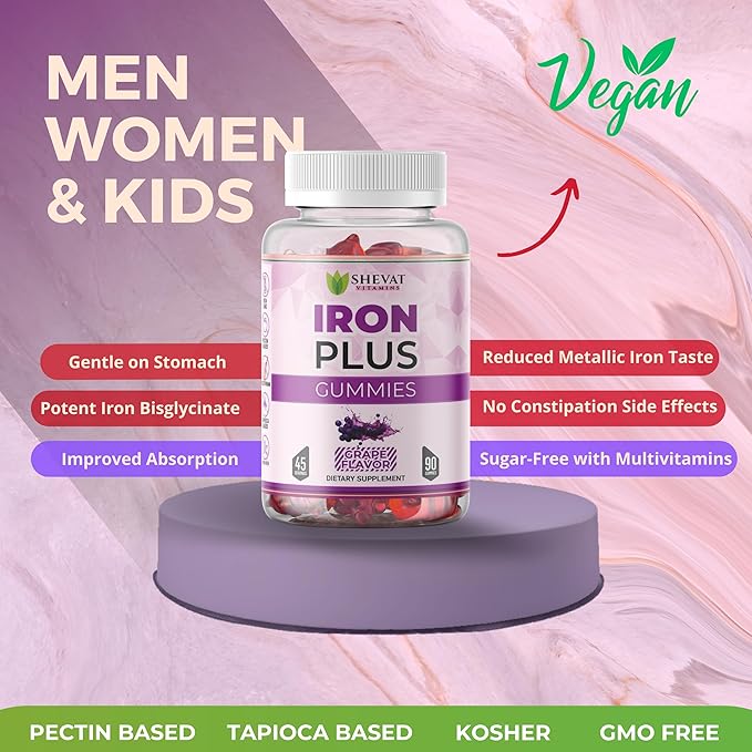 Made in USA 90 Iron Gummies For Women Anemia - Vegan, Gluten Free & Immune Support Iron Supplement Gummies (Grape) - Chewable Iron Gummies for Men - Kids iron Gummies for Kids with Vitamin C, A & Zinc