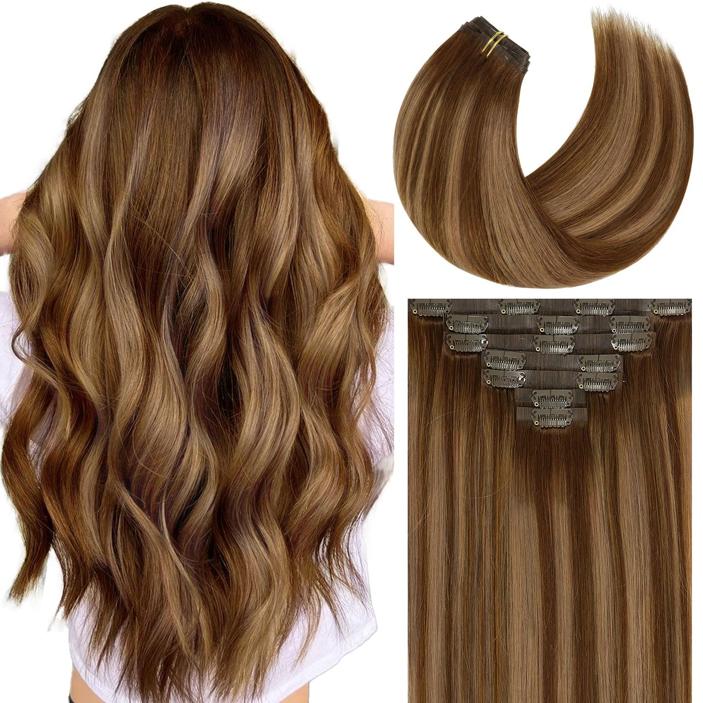 Caliee Clip In Hair Extensions Real Human Hair Fluffy Not Tangled Seamless Hair Extensions Clip In Human Hair 20Inch 110G 7Pcs R
