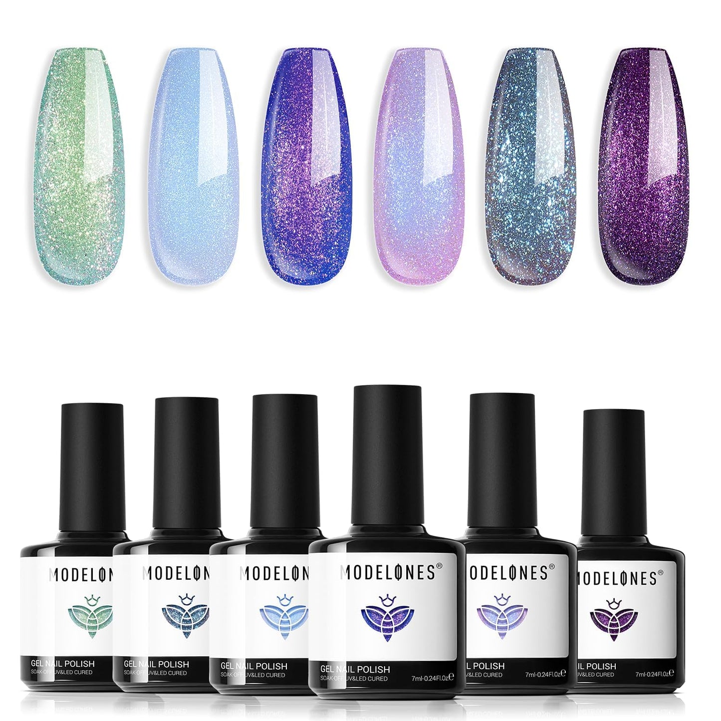 Modelones Chameleon Gel Nail Polish Set- 6 Colors Aurora Shimmer Glitter Gel Polish Kit Blue Green Purple Nail Gel Polish All Se