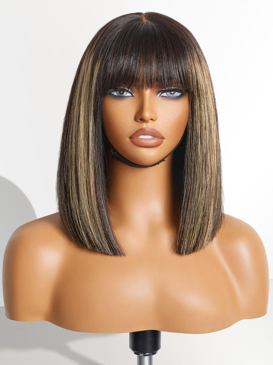 Luvme Hair 12 Inch Blonde Highlight Bob Human Hair Wig With Bangs Glueless Hd Lace Bang Wig True Scalp Ready To Go Silky Straigh