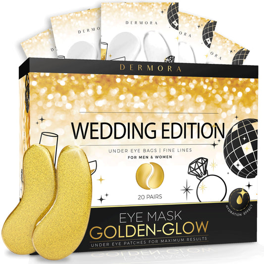 Dermora Wedding-Themed Eye Mask (20 Pairs), Golden Under Eye Patches - Rejuvenating Treatment For Dark Circles, Puffy Eyes, Refr
