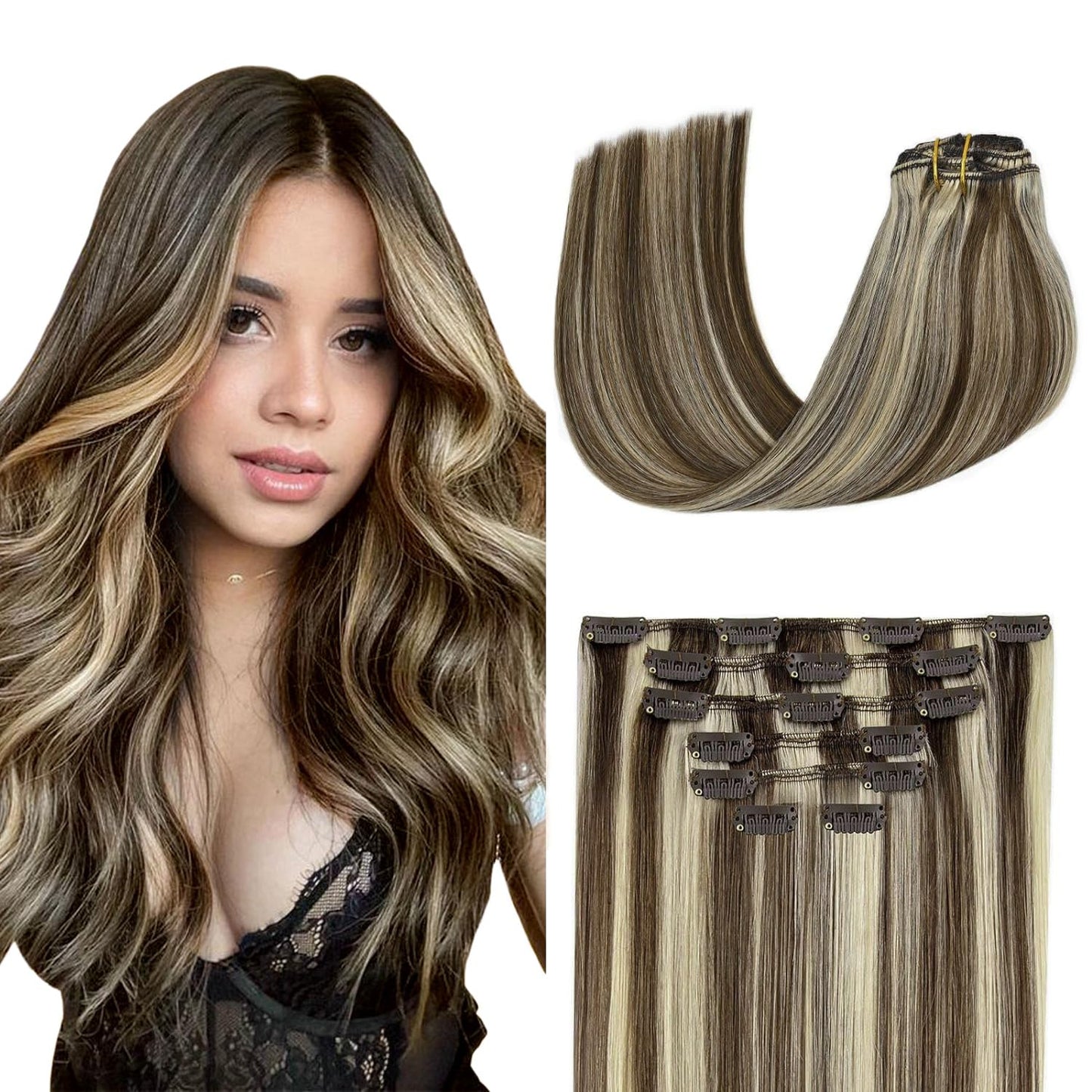 Clip In Hair Extensions Real Human Hair 70G Medium Brown To Blonde 100% Remy Human Hair Soft Silky Straight For Fashion Women 7P