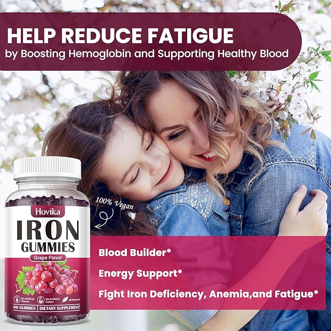 Iron Gummies Supplement for Women & Men, Iron Supplements for Anemia with Vitamin C, B12, Folate-Blood Builder & Energy Support for Iron Deficiency-Grape Flavor, Vegan, 60 Gummies