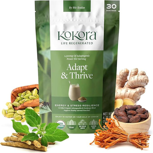 Adapt & Thrive - Organic Ashwagandha Root Powder - Cordyceps with Rhodiola & Maca Root - Energizes & Promotes Healthy Stress Response* - Vegan, Gluten Free, No Added Sugar - 30 Servings - 120g