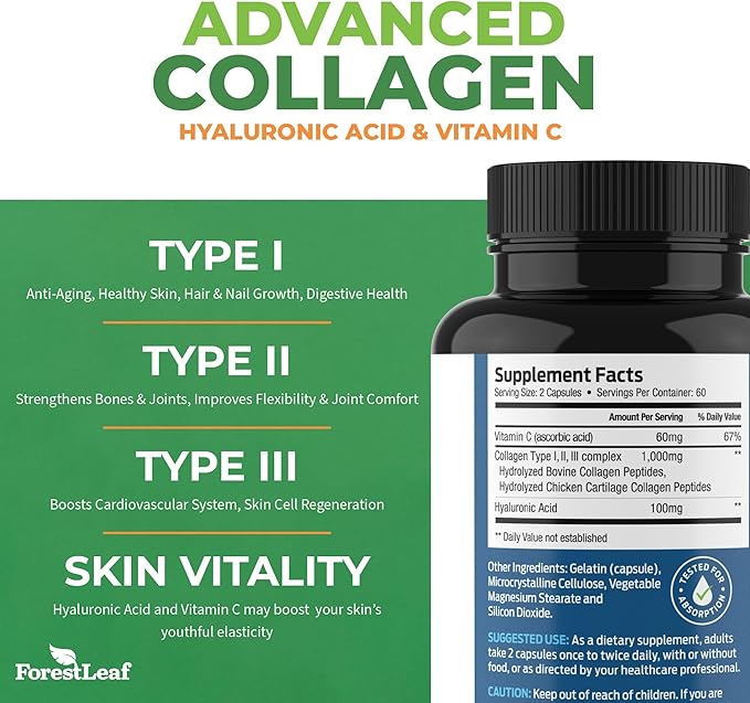 ForestLeaf Multi Collagen Pills with Hyaluronic Acid + Vitamin C | Hydrolyzed Collagen Supplements for Women or Men | Multi Collagen Capsules Peptides for Skin, Wrinkles, 240