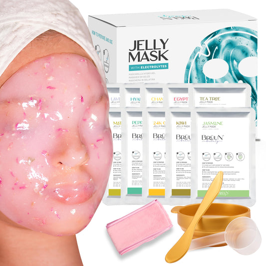 Brun Peel-Off Jelly Mask Hydrating Premium Modeling Rubber Mask Spa Set - 10 Treatments (24K Gold, Lavender, Kiwi, Peppermint, E