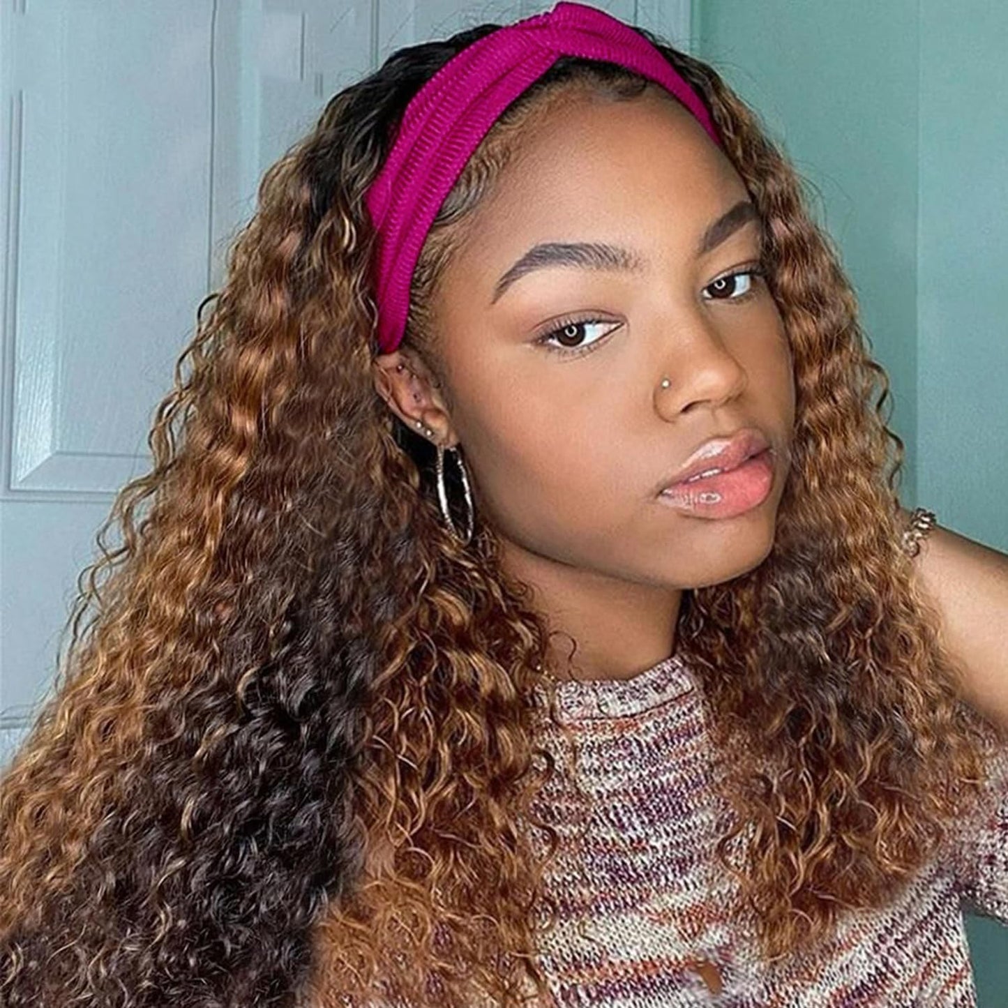 Ombre Headband Wigs Human Hair 4/27 Highlight Curly Headband Wig For Black Women Human Hair 14 Inch Glueless Deep Wave None Lace