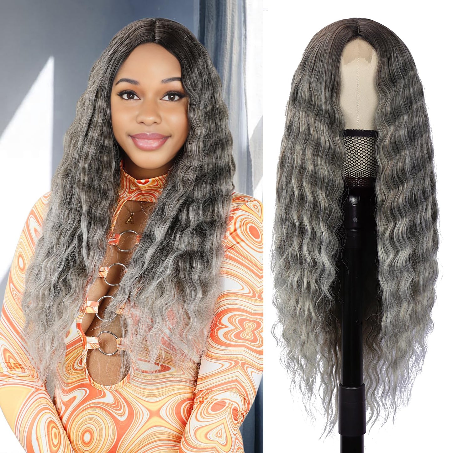 Grey 28 Inch Curly Wig Long Wigs For Black Women Loose Deep Wave Silver Gray Synthetic Lace Front Wig 4'' Simulated Scalp Middle