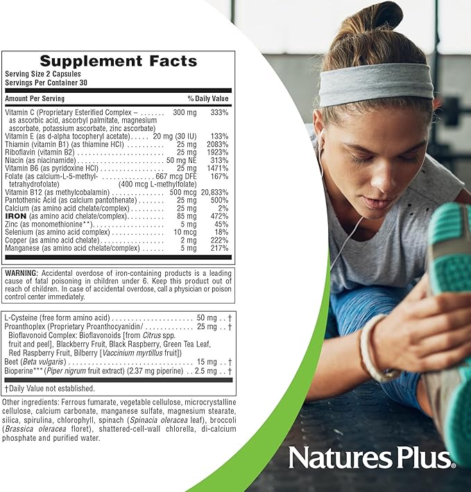 NaturesPlus Hema-Plex Iron - 60 Fast-Acting Capsules - 85 mg Chelated Iron + Vitamin C & Bioflavonoids for Healthy Red Blood Cells - Vegan, Gluten Free - 30 Servings