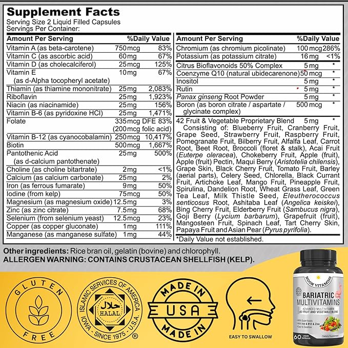 Bariatric Multivitamin with Iron for Women & Men - All-in-One 42 Superfood Blend for Energy & Immune Support - Post-Surgery Recovery, Easy-to-Swallow, Halal, Made in USA (60 Capsules)
