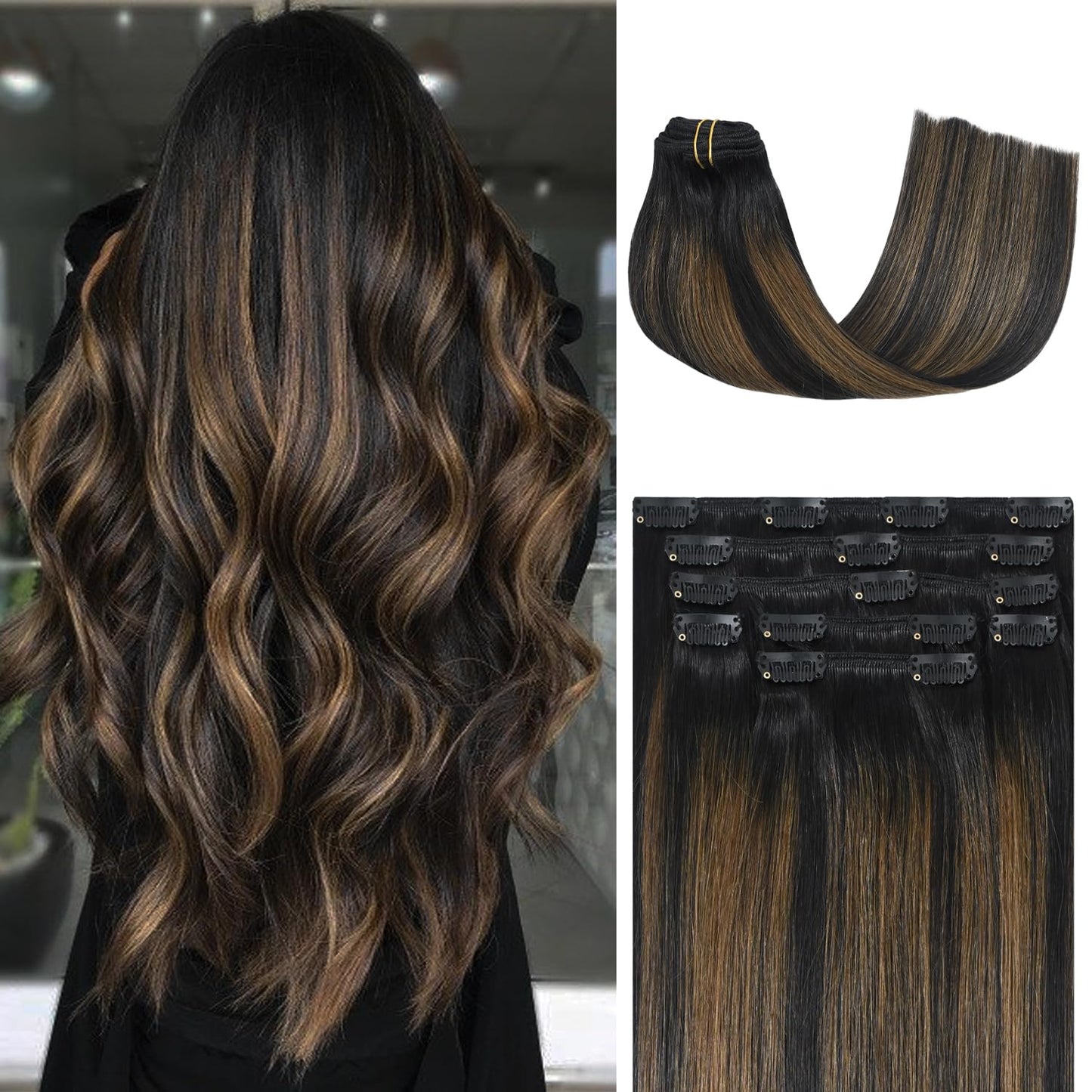 Honsoo Real Human Hair Clip In Hair Extensions 7Pcs 15In 70G Natural Black To Chestnut Brown Silky Straight Hair Double Weft For