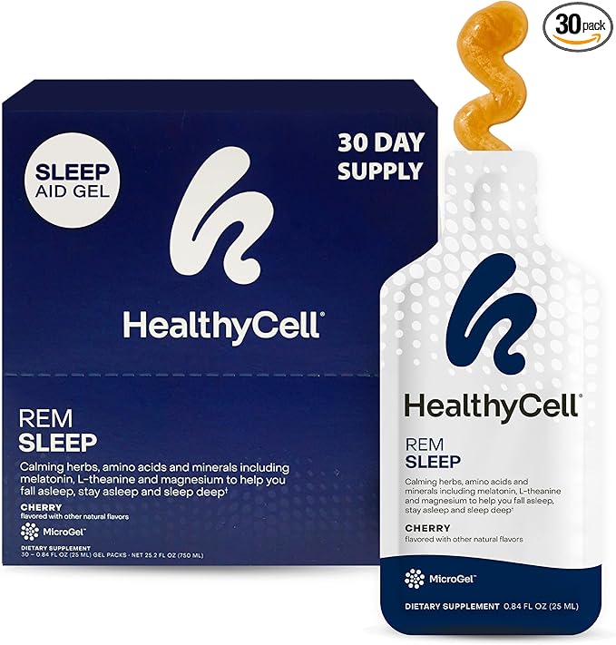 Healthycell REM Sleep Aid Supplement for Adults - Liquid Gel Extra Strength Sleep Supplement with Melatonin, Magnesium, L-Theanine, GABA & Natural Calming Herbs - 30 Gel Packs, Cherry Flavored