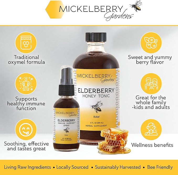 Mickelberry Gardens Elderberry Honey Tonic, Sambucus Syrup, Black Elderberry - Immune Support for Adults and Kids, 8 Ounces (Pack of 2)