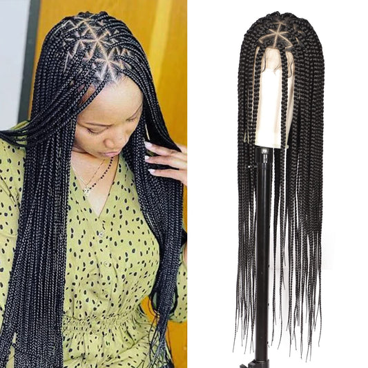 Lexqui 36'' Box Braided Wigs For Women Braided Lace Wigs Triangle Knotless Lace Front Braided Wig Human Hair Blended Full Double