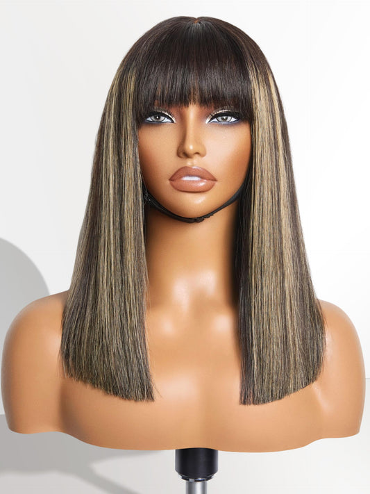 Luvme Hair 14 Inch Blonde Highlight Bob Human Hair Wig With Bangs Glueless Hd Lace Bang Wig True Scalp Ready To Go Silky Straigh