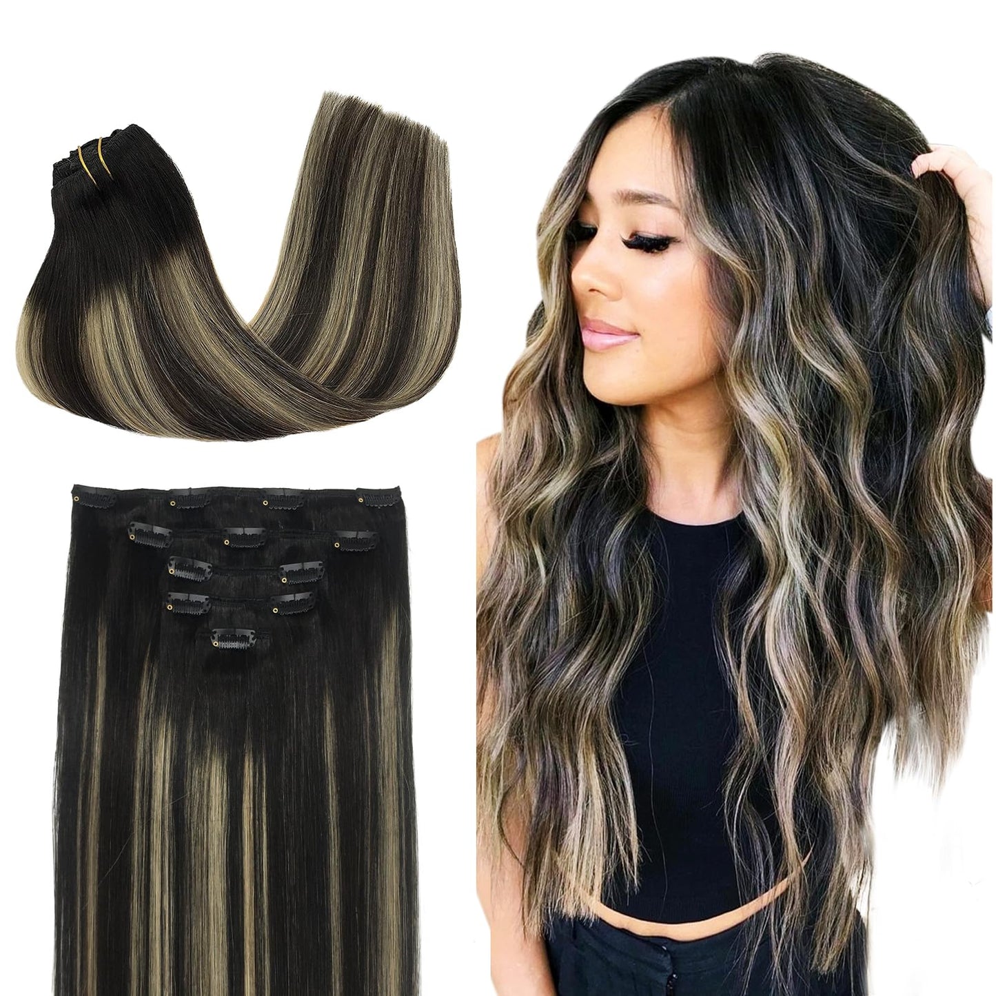 Doores Clip In Hair Extensions Human Hair, 75G 5Pcs Balayage Natural Black To Light Blonde 16 Inch Real Human Hair Extensions Cl