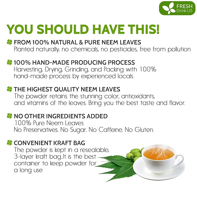 FreshDrinkUS, Premium 2oz Neem Leaf Powder, 100% Natural and Pure from Neem Leaves Dried, for Hair and Skin, No Additives, No Gluten, No Sugar, Vegan