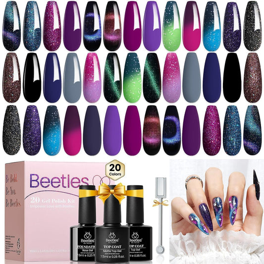 Beetles 24Pcs Gel Nail Polish Kits Gift Set, 20 Colors Cat Eye Color Changing Glitter Gel Polish Set With Base Gel Glossy Matte