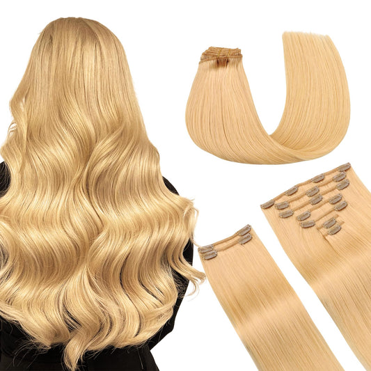 Maxita Human Hair Extensions Clip In,150G 9Pcs Beige Blonde 24 Inch,Hair Extensions Clip In Real Human Hair Remy Hair Extensions