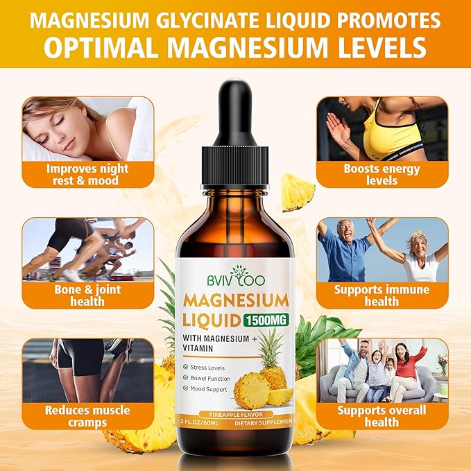 Magnesium Glycinate Liquid, High Absorption Magnesium Liquid Drops with Cellulose Fiber, Bromelain, Vitamins B6 C D & Zinc, Magnesium Supplement for Adults & Kids, Pineapple Flavor - 2 Fl Oz