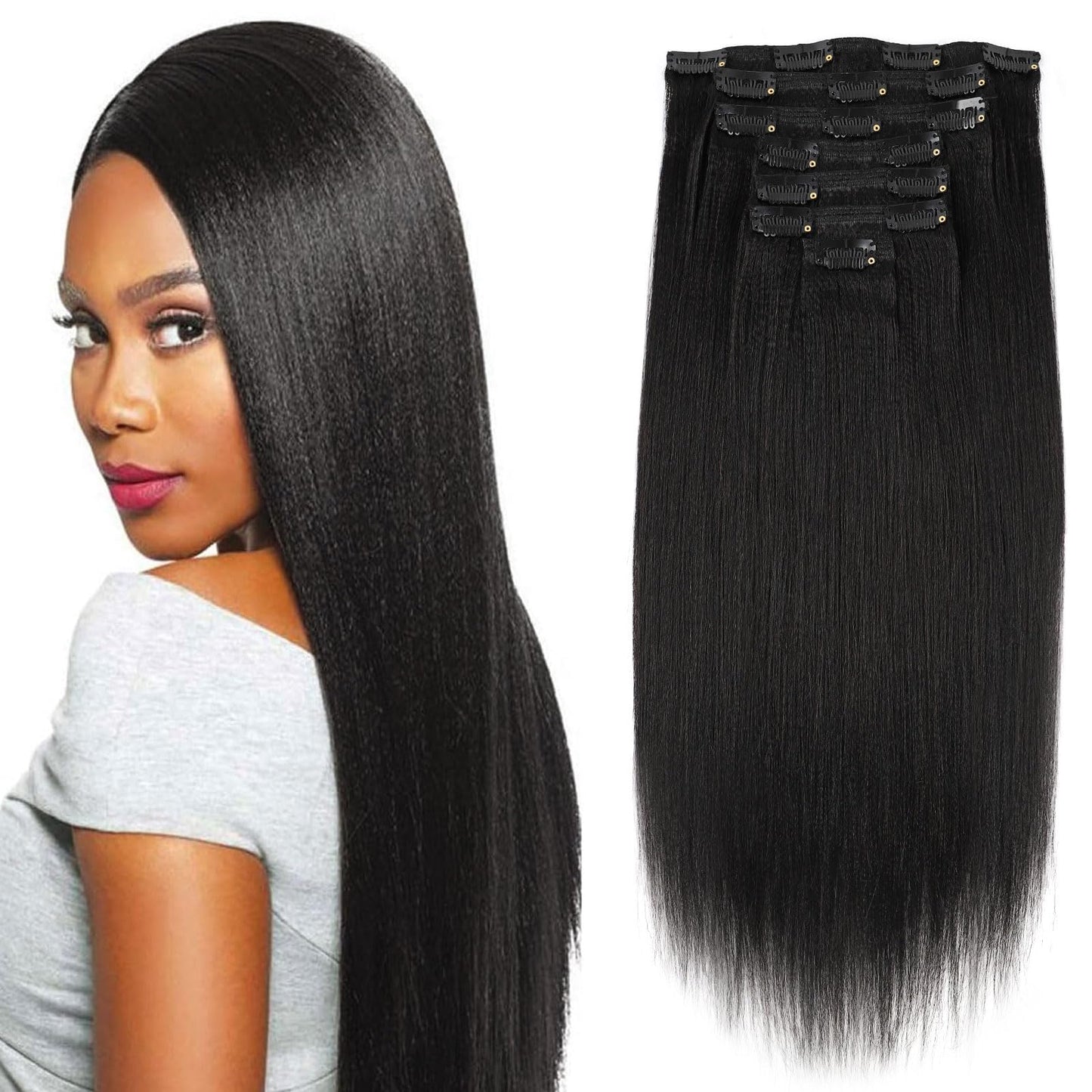 Sassina Real Thick Yaki Straight Clip In Human Hair Extensions Full Head Natural Black Yaki Clip In Hair Extensions For Black Wo