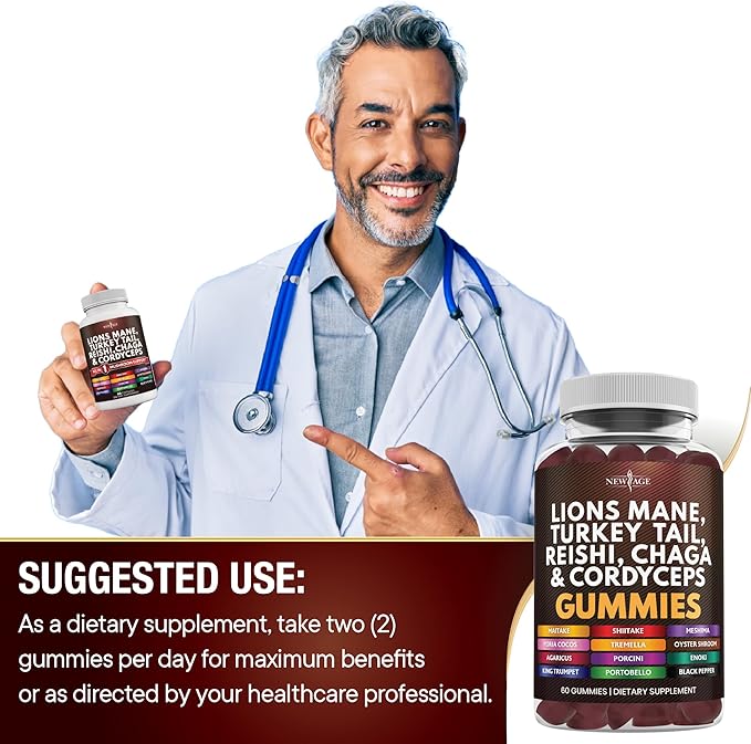 NEW AGE Mushroom Lion's Mane Supplement Gummies - Comprehensive Mushroom Supplement for Cognitive & Immune Support, with Reishi, Cordyceps - 120 Count