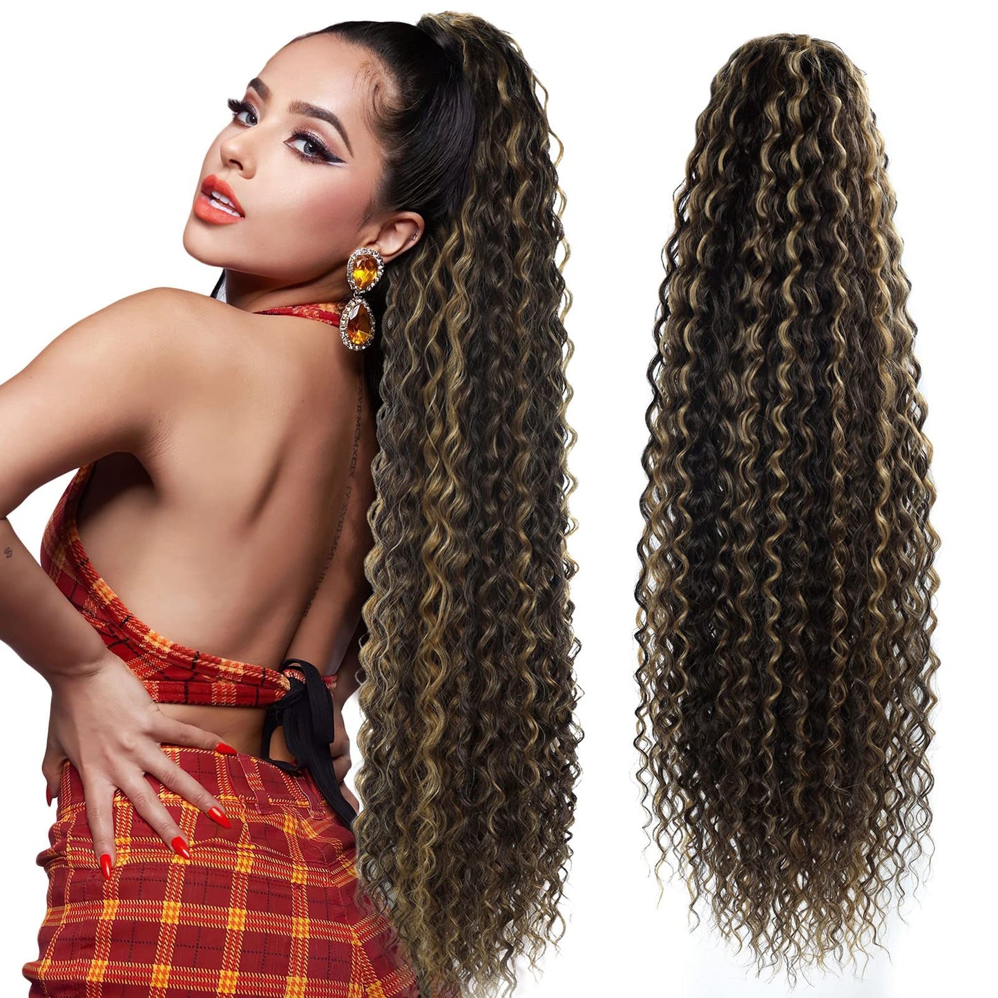 Meepo 30 Inch Curly Ponytail Extensions Synthetic Deep Wave Drawstring Ponytail For Black Women Human Hair Feeling With Clip In