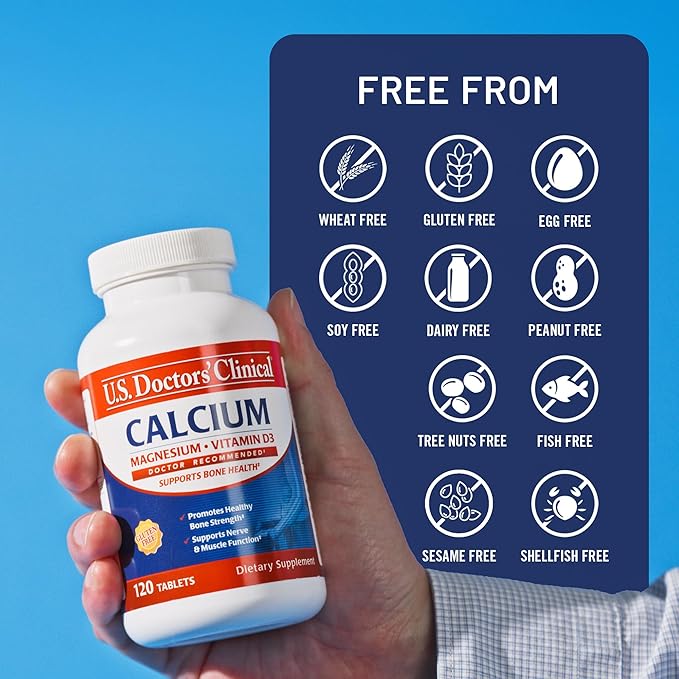U.S. Doctors' Clinical 1200mg Calcium Citrate & Carbonate Complex with Magnesium & Vitamin D3 - Calcium Supplement for Bone Strength, Muscles & Nerves - Vegan, Non-GMO - 60 Tablets - 1-Month Supply