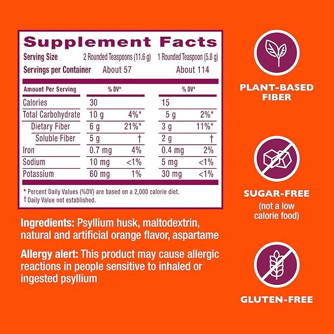 Metamucil 4 in 1 Daily Fiber Supplement Powder, Fiber Powder for Digestive Health and Regularity*, Sugar-Free, Orange, Naturally Sourced Psyllium Fiber, 114 teaspoons