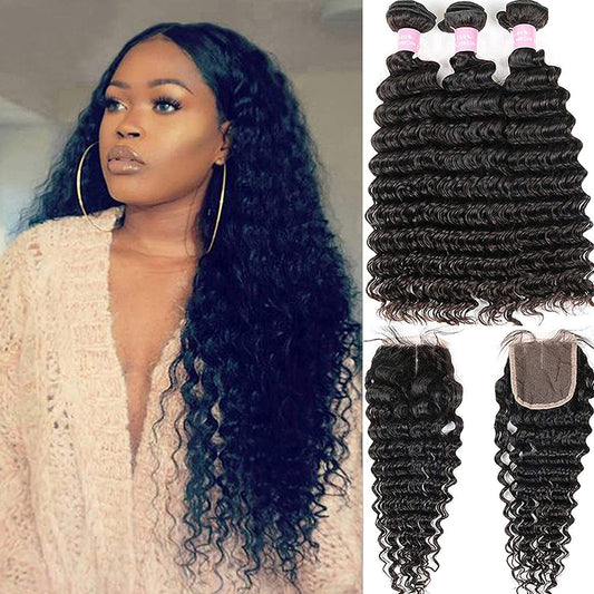 Brazilian 9A Deep Wave Bundles With Closure 4  4 Lace Mixed Length Hair Bundles Natural Color For Black Women (18 20 22 24+16)