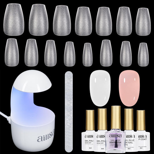 Aillsa Nail Tips And Glue Gel Kit Short Coffin Nail Tips 240Pcs With 2 In 1 Nail Glue Base Coat And Nail Dehydrator, Soft Gel Ex