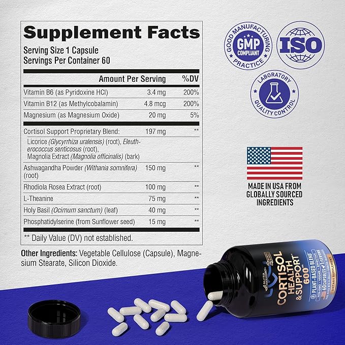 Cortisol Supplement for Women - Holy Basil | Ashwagandha | Rhodiola | L-Theanine - Plant-Based Hormone Balance - Mood, Focus & Sleep Support - Made in USA - Vegan, Non-GMO - 60 Capsules for 2 Months