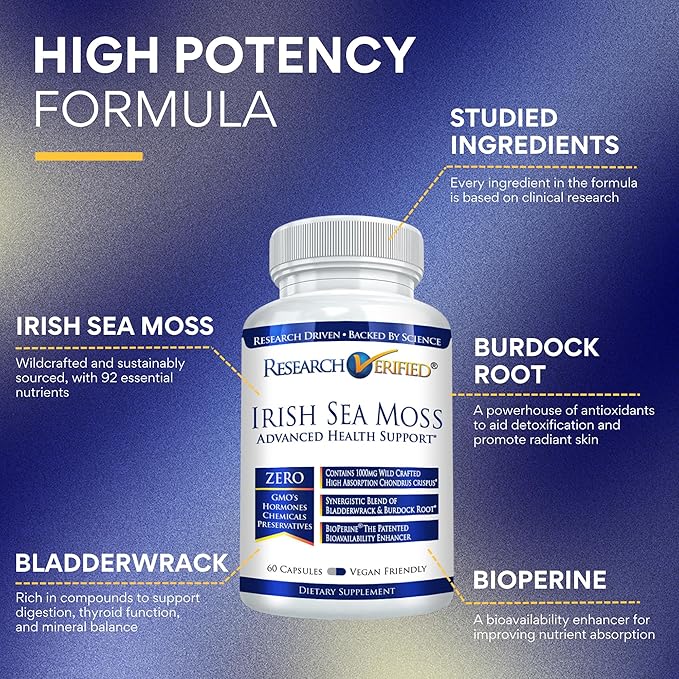 Research Verified Irish Sea Moss - Bladderwrack, Burdock, BioPerine - Rich in Prebiotics - Boost Immunity, Aid Digestion - 360 Capsules - Vegan - Made in The USA