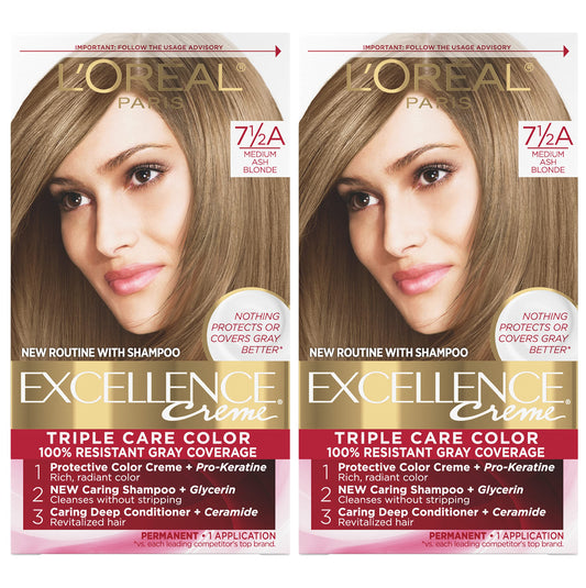 L'Oreal Paris Excellence Creme Permanent Hair Color, 7.5A Medium Ash Blonde, 100 Percent Gray Coverage Hair Dye, Pack Of 2