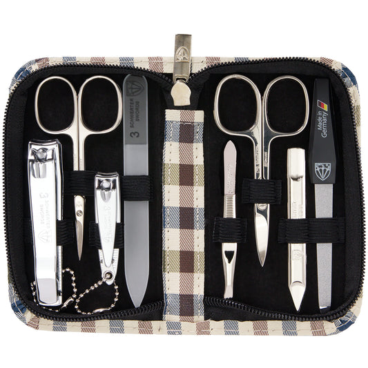 3 Swords Germany - Brand Quality 8 Piece Manicure Pedicure Grooming Kit Set Synthetic Leather Case Chequered - Made In Germany