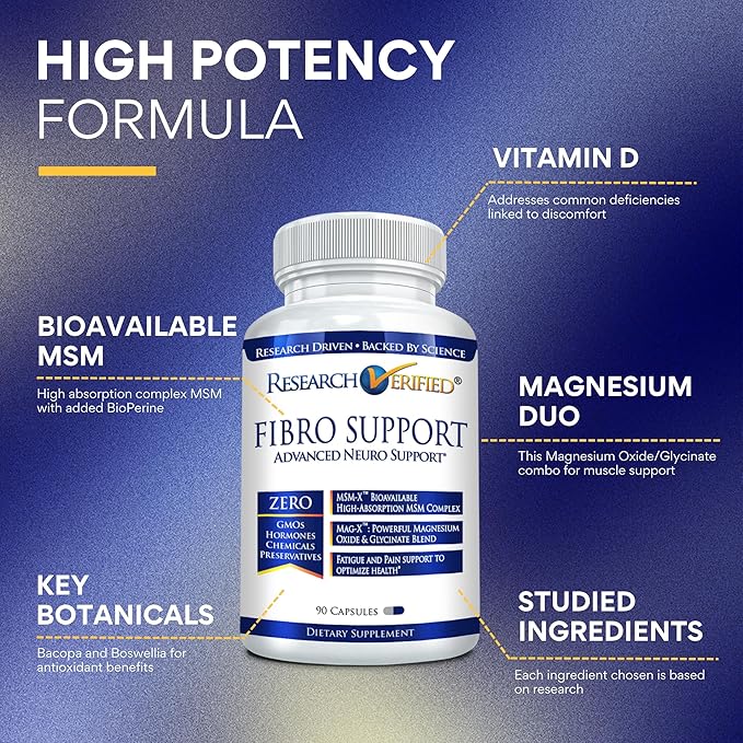 Research Verified Fibro Support - MSM, Magnesium, Vitamin D3, BioPerine - 3 Month Supply - 270 Capsules - Vegan