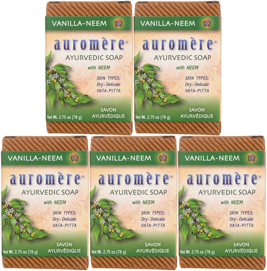 Auromere Ayurvedic Bar Soap, Vanilla Neem - Eco Friendly, Handmade, Vegan, Cruelty Free, Natural, Non Gmo (2.75 Oz), 5 Pack