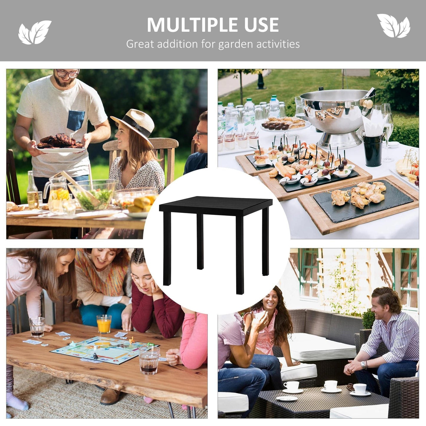 Resenkos Patio Dining Table For 4, Non-Slip Foot Pads, Aluminium, Plastic, Black