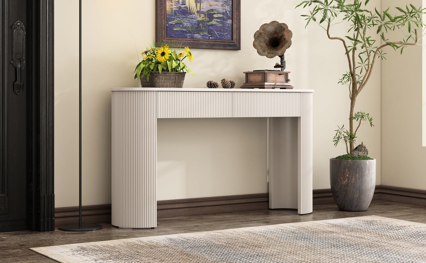 TREXM Entryway Table with Fluted Design, Modern Console Table with Storage, Oval Top and 2 Drawers for Entryway and Living Room (Champagne White)